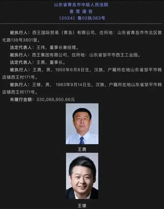 西王集团成“老赖”，法院更高悬赏990万，征集其董事长王勇财产线索